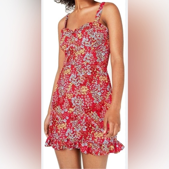 B. Darlin Red Floral Mini Dress with Bow Shoulder Ties - Size 11/12 - Picture 2 of 5